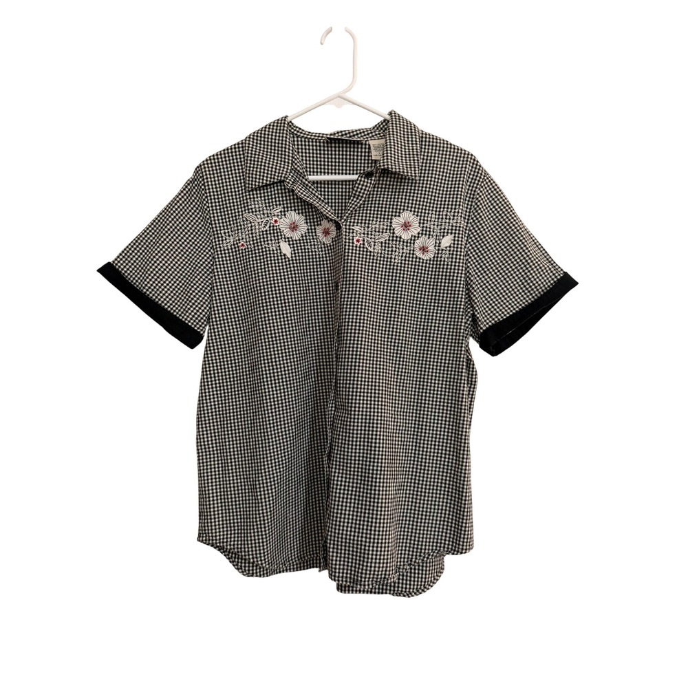 Vintage LemonGrass Gingham Floral Embroidered Short Sleeve Button Down Shirt L